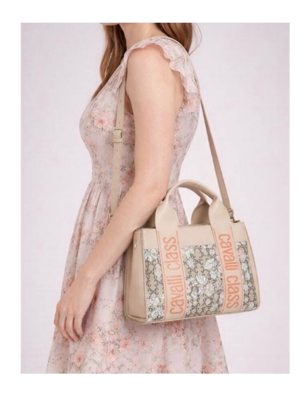 Cavalli Class Beige Floral-Print Satchel with Logo Straps